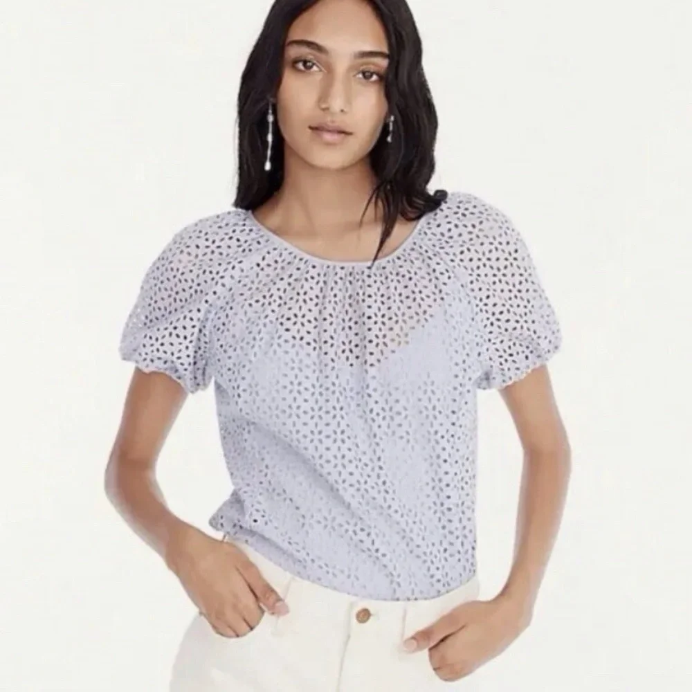 J Crew Lavender Eyelet Embroidered Puff Sleeve Top
